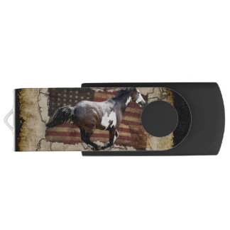 Galloping Pinto Paint and USA Flag Flash Drive