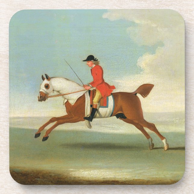 Galloping Racehorse and mounted Jockey in Red (oil Beverage Coaster (Front)