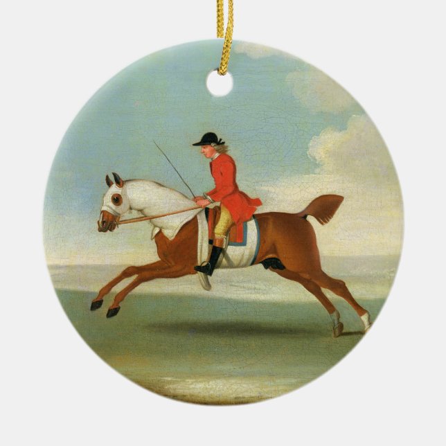 Galloping Racehorse and mounted Jockey in Red (oil Ceramic Ornament (Front)