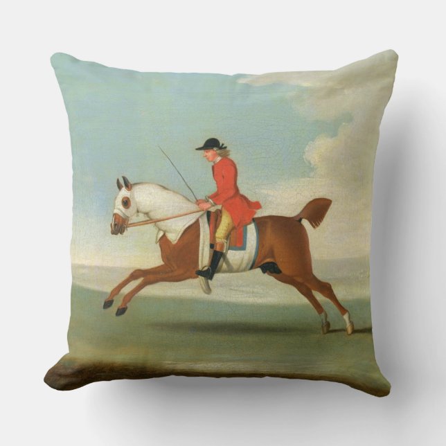 Galloping Racehorse and mounted Jockey in Red (oil Throw Pillow (Front)