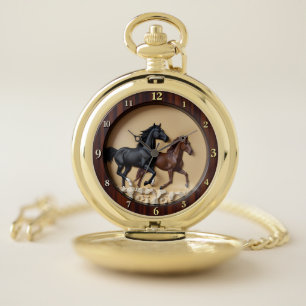 Galloping Stallions Faux Wood Timepiece Pocket Watch