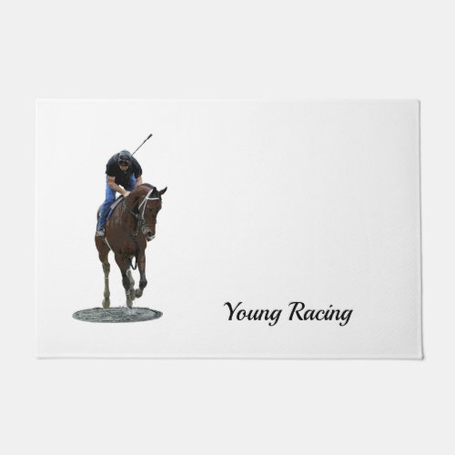 Galloping Thoroughbred Horse And Rider Door Mat