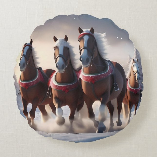 Galloping Through the Snow: Santa’s Magical Horses Round Pillow (Front)
