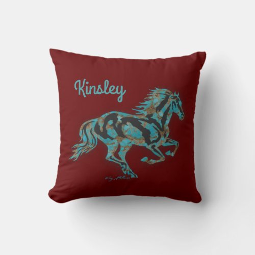 Galloping Turquoise Horse Throw Pillow