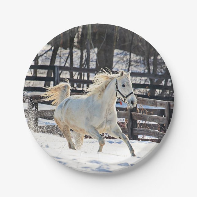 Galloping White Horse Paper Plates (Front)