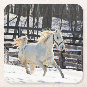 Galloping White Horse Square Paper Coaster