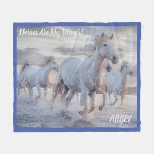 Galloping White Horses On Beach Personalized Fleece Blanket