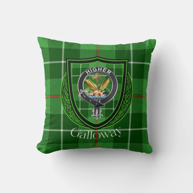 Galloway Scottish Clan Tartan & Crest Throw Pillow (Front)