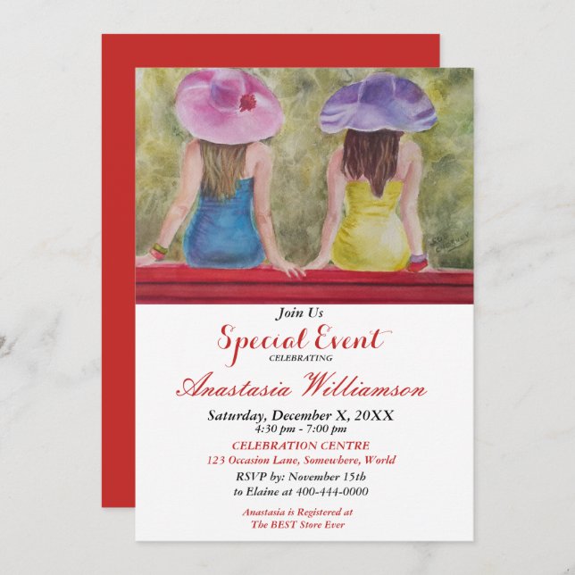 GALS REMINISCING ON A RED PARK BENCH PARTY  INVITE (Front/Back)