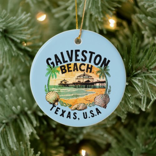 Galveston Beach Retro Vignette Ceramic Ornament