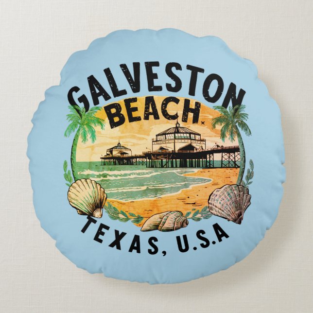 Galveston Beach Retro Vignette Round Pillow (Front)