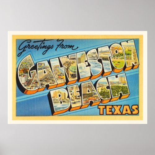 Galveston Beach Texas TX Vintage Travel Souvenir Poster