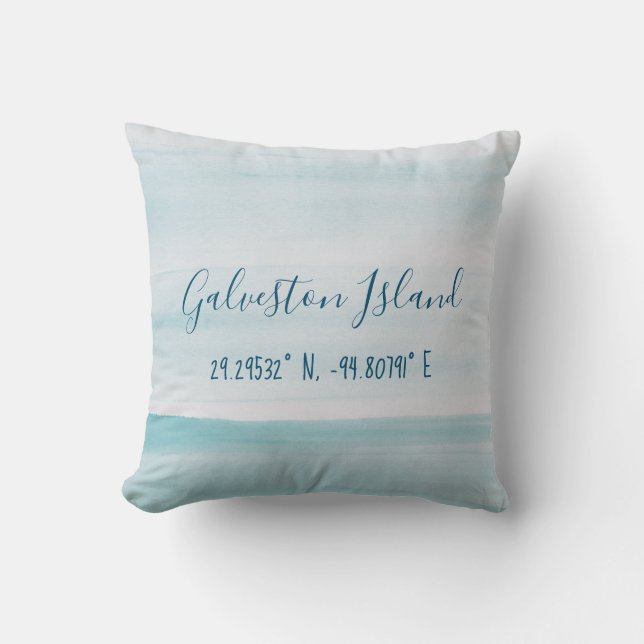 Galveston Island Latitude and Longitude Throw Pillow (Front)