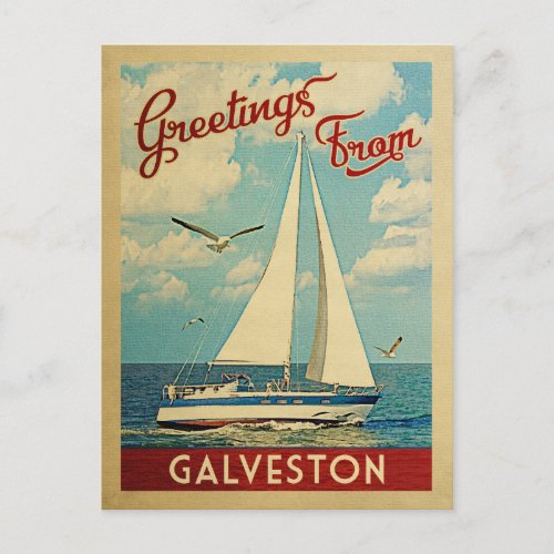 Galveston Postcard Sailboat Vintage Travel Texas