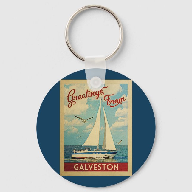 Galveston Sailboat Vintage Travel Texas Keychain (Front)