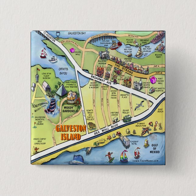Galveston Texas Cartoon Map Button (Front)