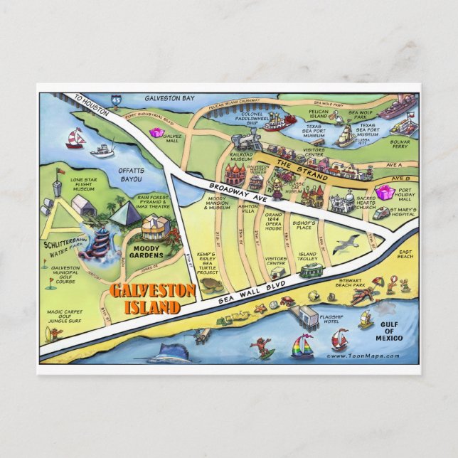 Galveston Texas Cartoon Map Postcard (Front)
