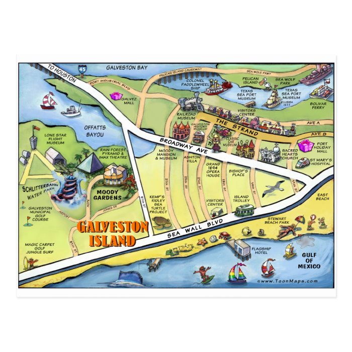 Galveston Texas Cartoon Map Postcards