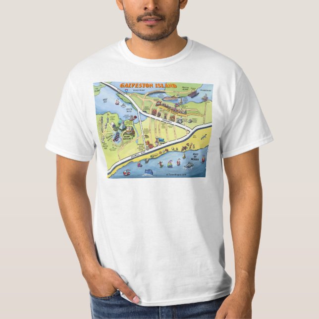 Galveston Texas Cartoon Map T-Shirt (Front)