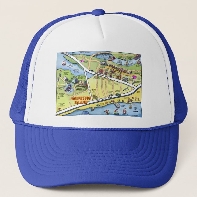 Galveston Texas Cartoon Map Trucker Hat (Front)