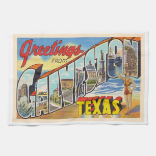 Galveston Texas TX Vintage Large Letter Postcard Kitchen Towel
