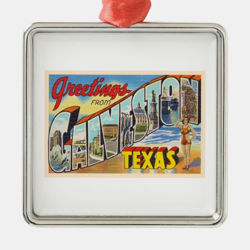 Galveston Texas TX Vintage Large Letter Postcard Metal Ornament