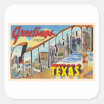 Galveston Texas Tx Vintage Large Letter Postcard Square Sticker by AmericanTravelogue at Zazzle