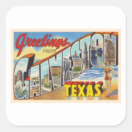 Galveston Texas TX Vintage Large Letter Postcard Square Sticker