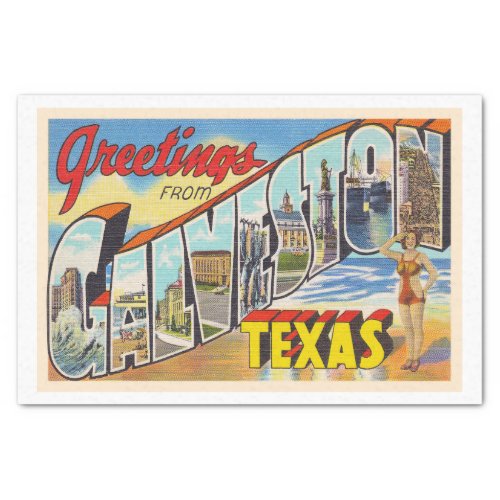 Galveston Texas TX Vintage Large Letter Postcard Tissue Paper