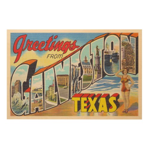 Galveston Texas TX Vintage Large Letter Postcard Wood Wall Art