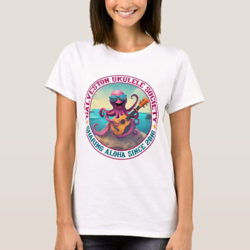 Galveston Ukulele Womenâs T_Shirt Lg Octopus Front