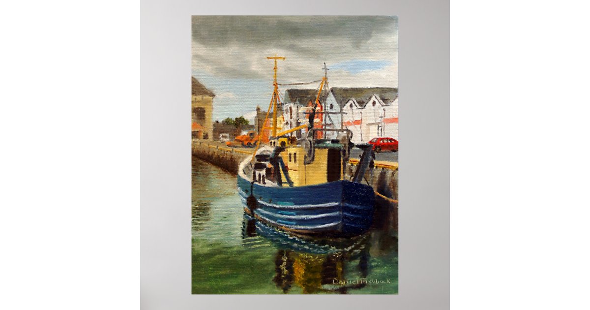 Galway City Commercial Boat Landscape Oil Painting Poster