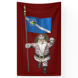 Gambler Santa Claus With Flag Of Las Vegas Banner