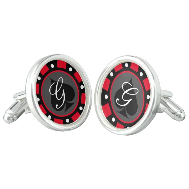 Gambling casino poker chip custom monogram round cufflinks (Angled)