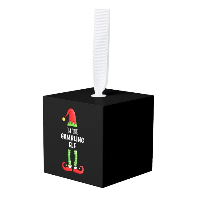 Gambling Elf Family matching Christmas Gift Cube Ornament (Front Angled)