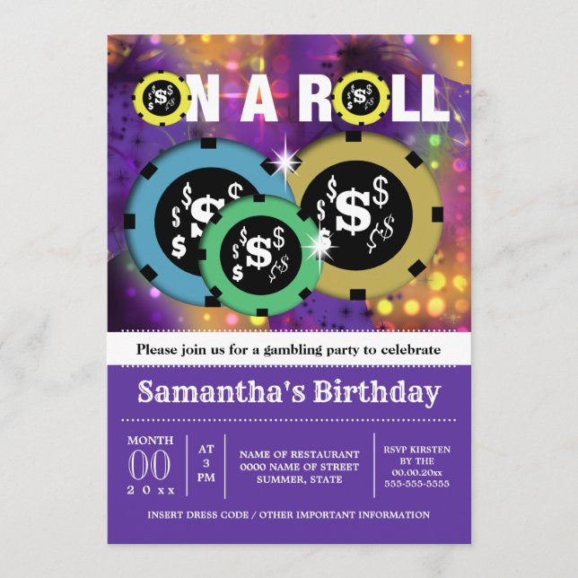 Gambling roulette chips vegas party purple invitation (Front)
