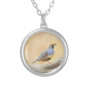 Gambrel's Quail Painting Original Bird Art Silver Plated Necklace