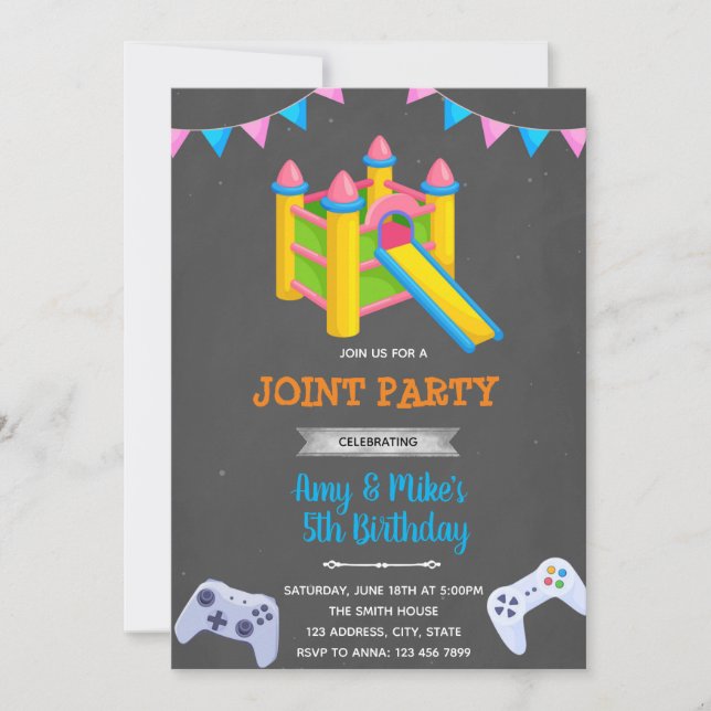 Game and bounce house joint party invitation (Front)