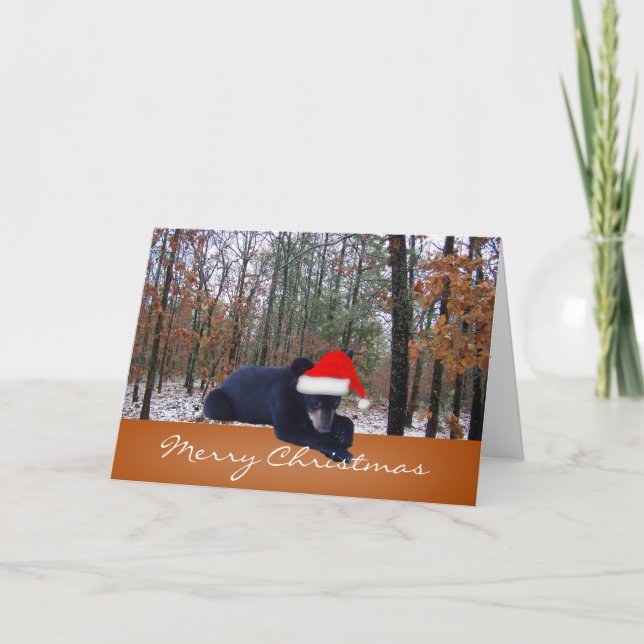 Game Cam Caught a Bear Cub Sporting Santa Hat Holiday Card (Front)