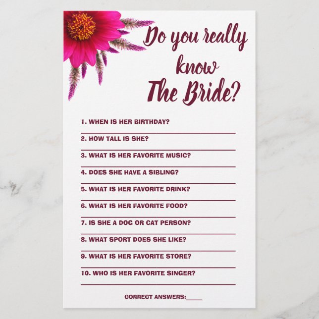 Game Card Do you really know The Bride  Flyer (Front)