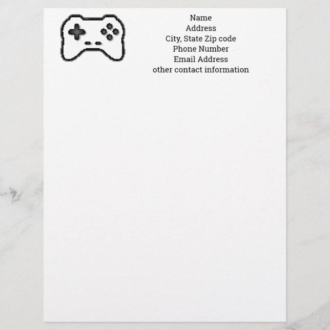 Game Controller Black White 8bit Video Game Style  Letterhead (Front)