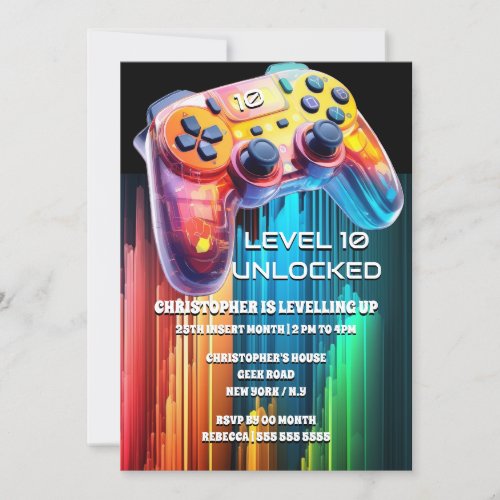 Game controller neon orange blue video party kids invitation