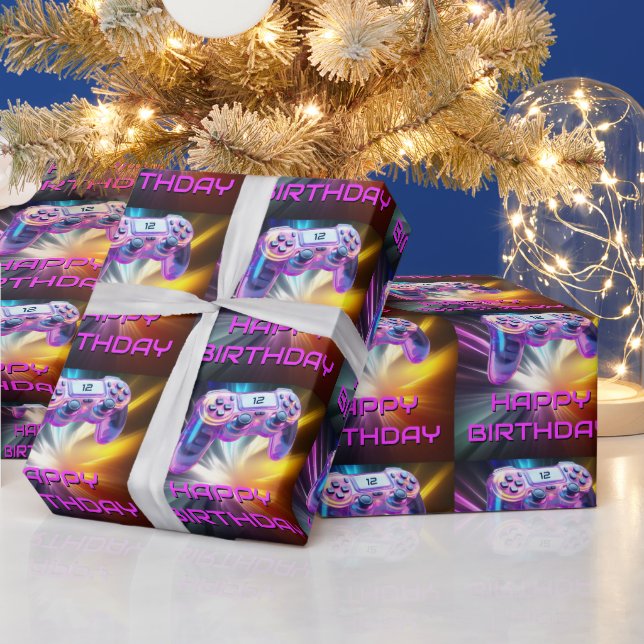 Game controller pink video gamer party kids wrapping paper (Holidays)