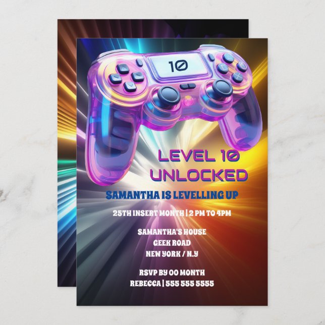Game controller video neon starburst girls invitation (Front/Back)