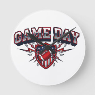 Game Day American Football Patriotic Shield Sports Round Clock