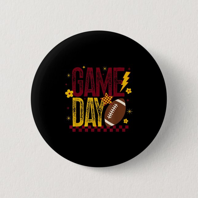 Game Day Football Season Retro Maroon Gold Checked Button (Front)