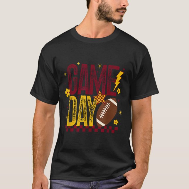 Game Day Football Season Retro Maroon Gold Checked T-Shirt (Front)