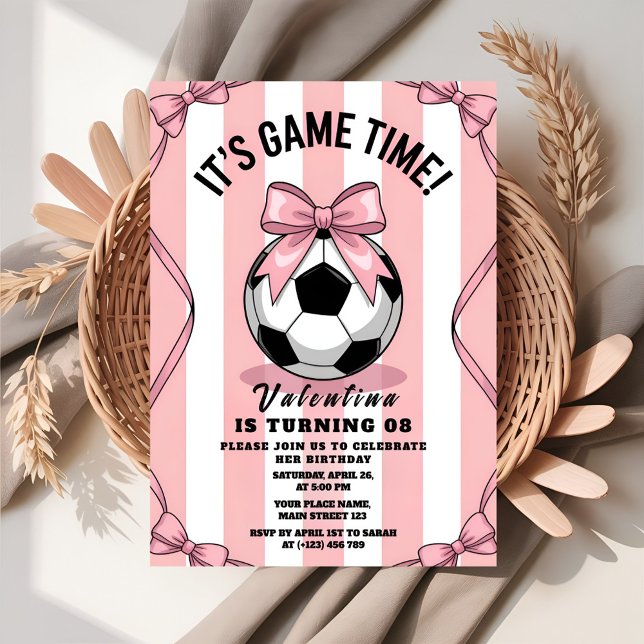 Game Day Girl Soccer Pink Bow Invitation (Creator Uploaded)