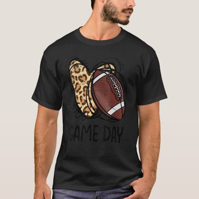 Game Day Leopard Football Love Heart Football Mom  T-Shirt (Front)