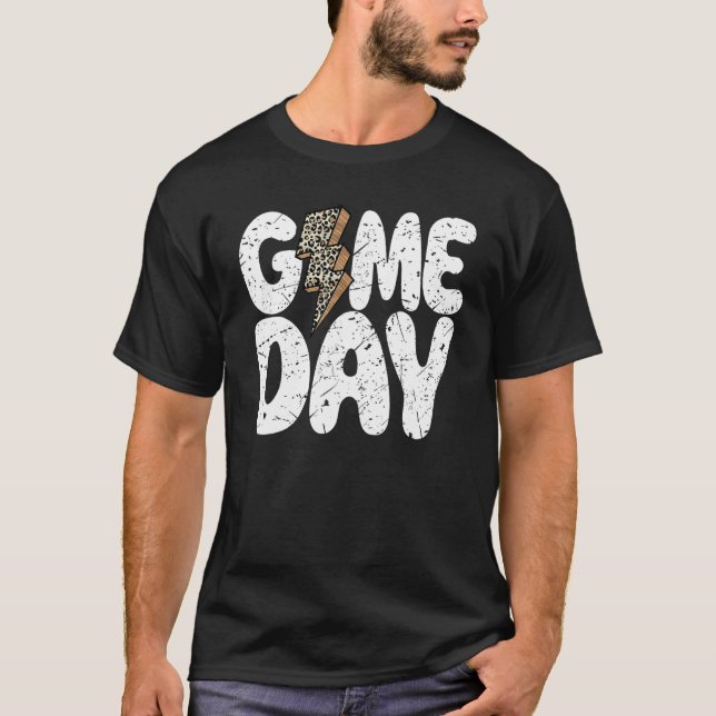 Game Day Leopard Print Lightning Bolt Football Spo T-Shirt (Front)